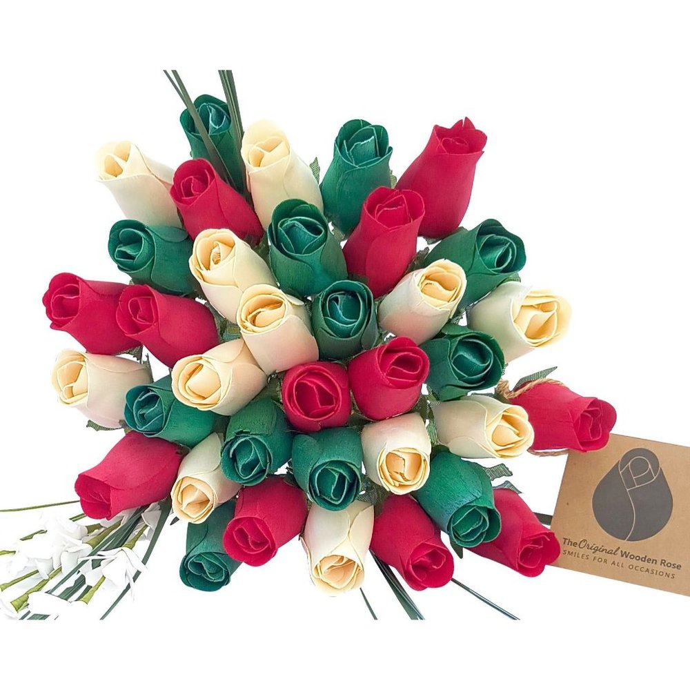 3 Dozen Closed Bud Christmas Bouquet. The Original Wooden Rose